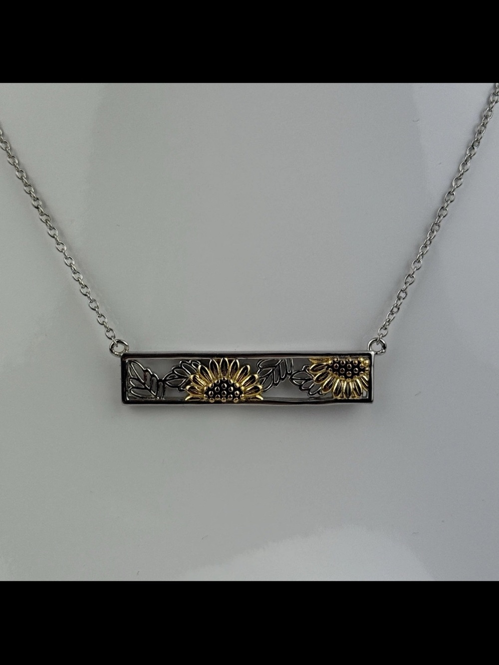 Rhodium Plated 925 Sterling Silver 3D Gold Sunflower Leaf Bar Pendant Necklace!